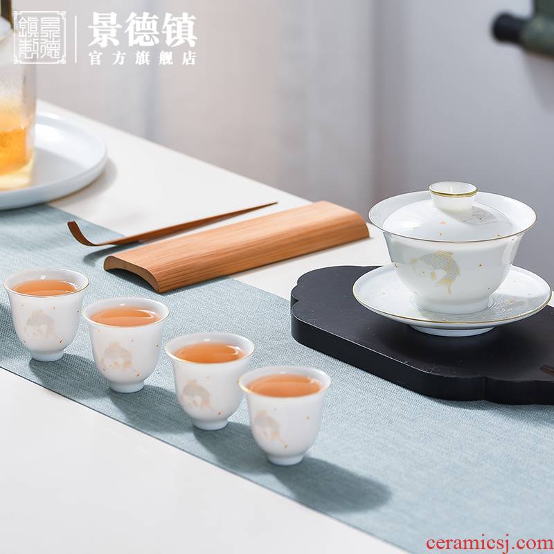 Jingdezhen flagship store only thin foetus small three tureen hand - made tea sets kunfu tea tureen tea cup home