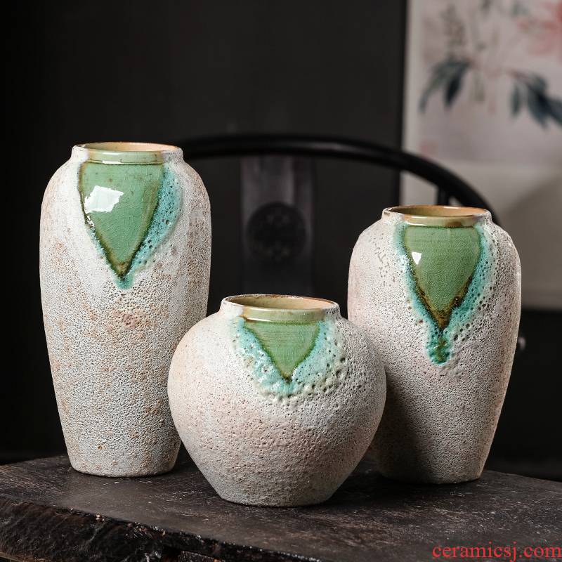 Jingdezhen ceramics wine sitting room adornment of new Chinese style restoring ancient ways coarse pottery crackle three - piece vase furnishing articles