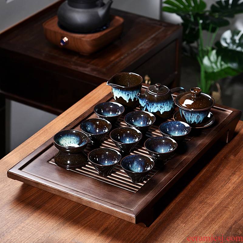 Hui shi ceramic kung fu tea set office storage type log home tea cup contracted solid wood tea tray of tea table