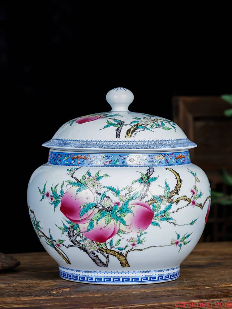 Archaize of jingdezhen ceramics powder enamel tea pot with cover large seal moisture puer tea cake storage jar