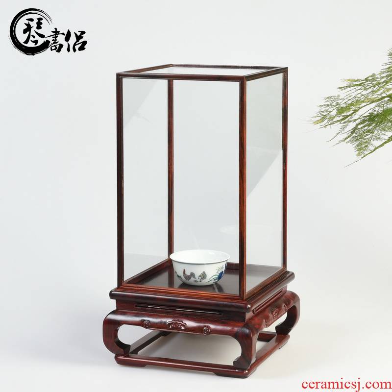 Pianology picking red mahogany acid branches treasure cage the glass base solid woodcarving figure of Buddha jade show cover box dust cover