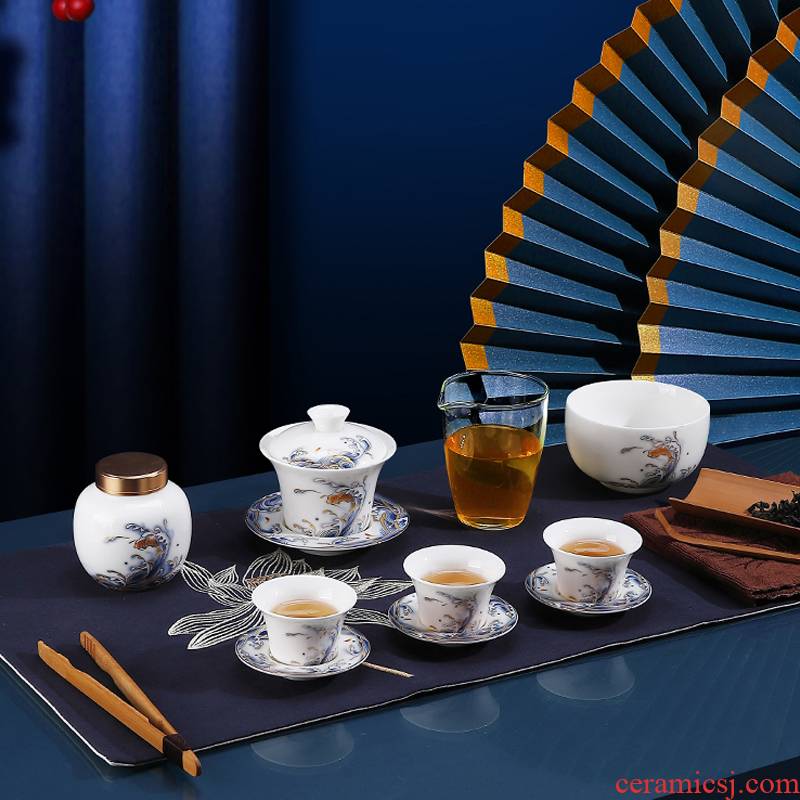 High - grade white porcelain suet jade portable tea sets travel home kung fu tea cups is suing teapot apparatus and equipment
