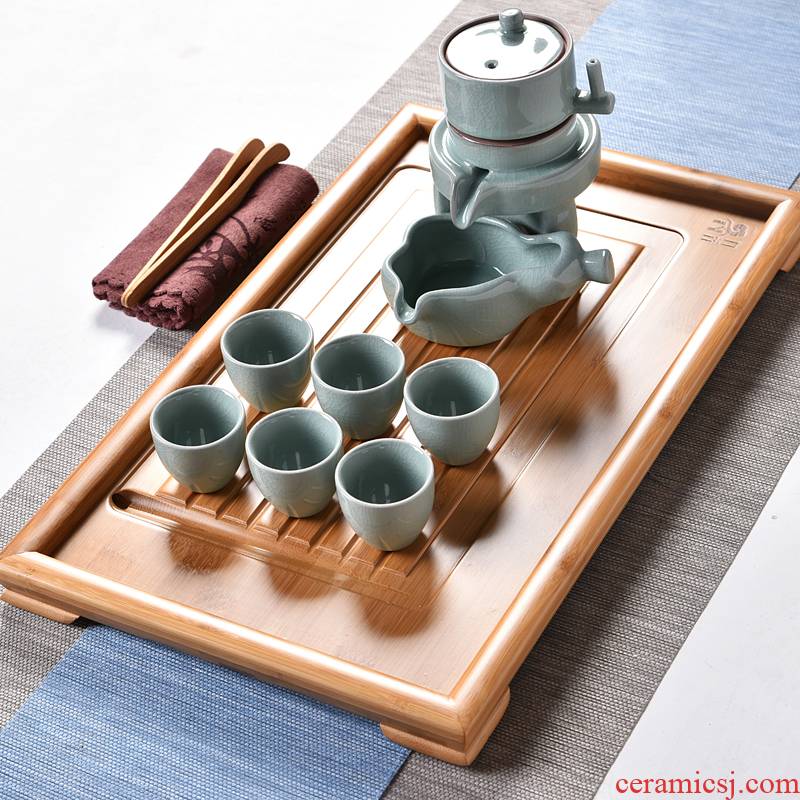Hui shi household flat bamboo tea tray of a complete set of creative semi - automatic fortunes elder brother up with celadon kung fu tea set