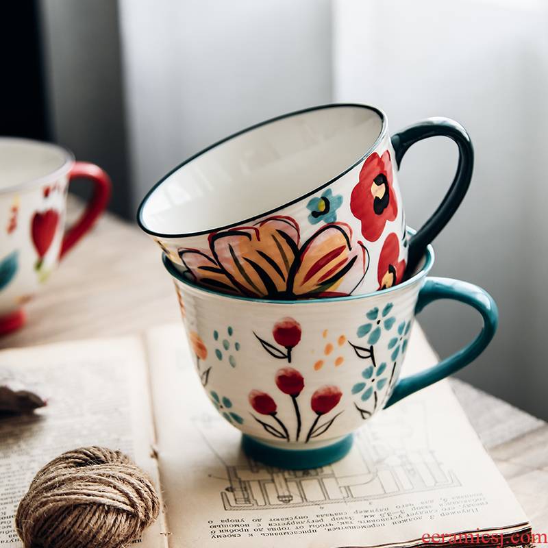 Hand color small flowers fresh Nordic ins ceramic high - capacity breakfast milk tea cup lovers mugs