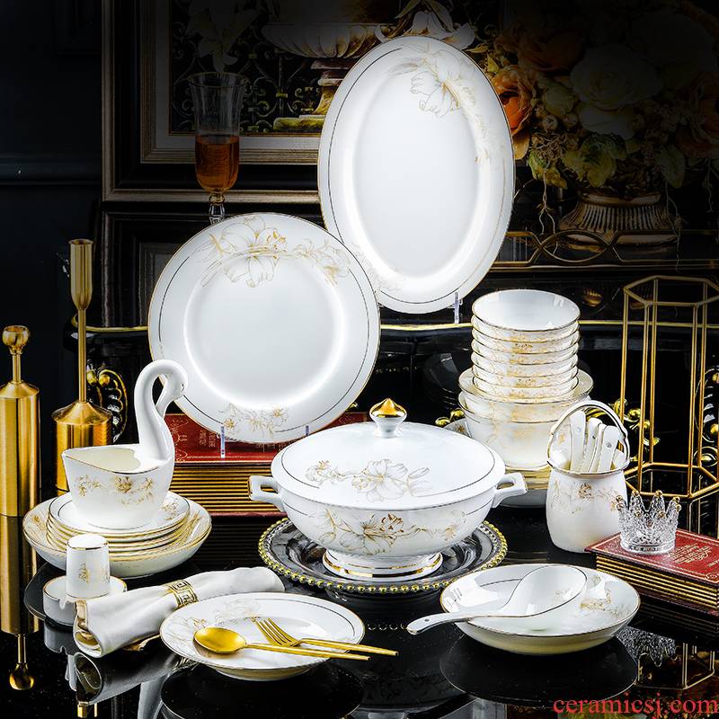 Jingdezhen continental plate chopsticks combination home dishes suit the new Chinese style tableware light housewarming high - end key-2 luxury ipads porcelain bowl