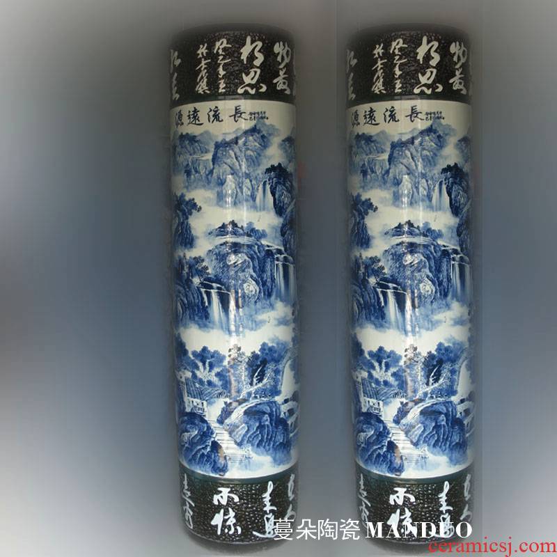 Jingdezhen blue and white landscape hand - made landing quiver straight big vase high - end business hall display vase
