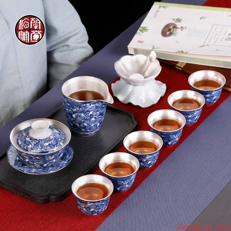 Five kung fu tea set of blue and white porcelain household simple tea set silver ceramic combination 6 cups