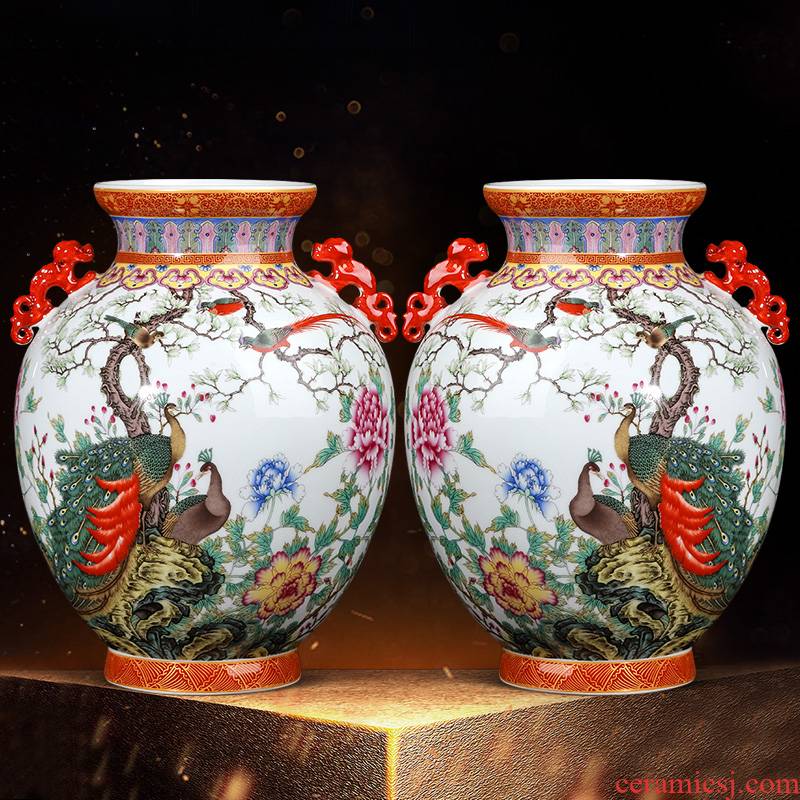 Jingdezhen ceramics ears colored enamel vase furnishing articles antique bottles of Chinese style living room TV cabinet decoration by the peacock
