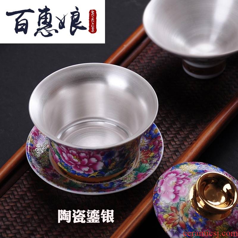 (niang ceramic coppering. As silver tureen large manual colored enamel only three bowl tea, kungfu tea set