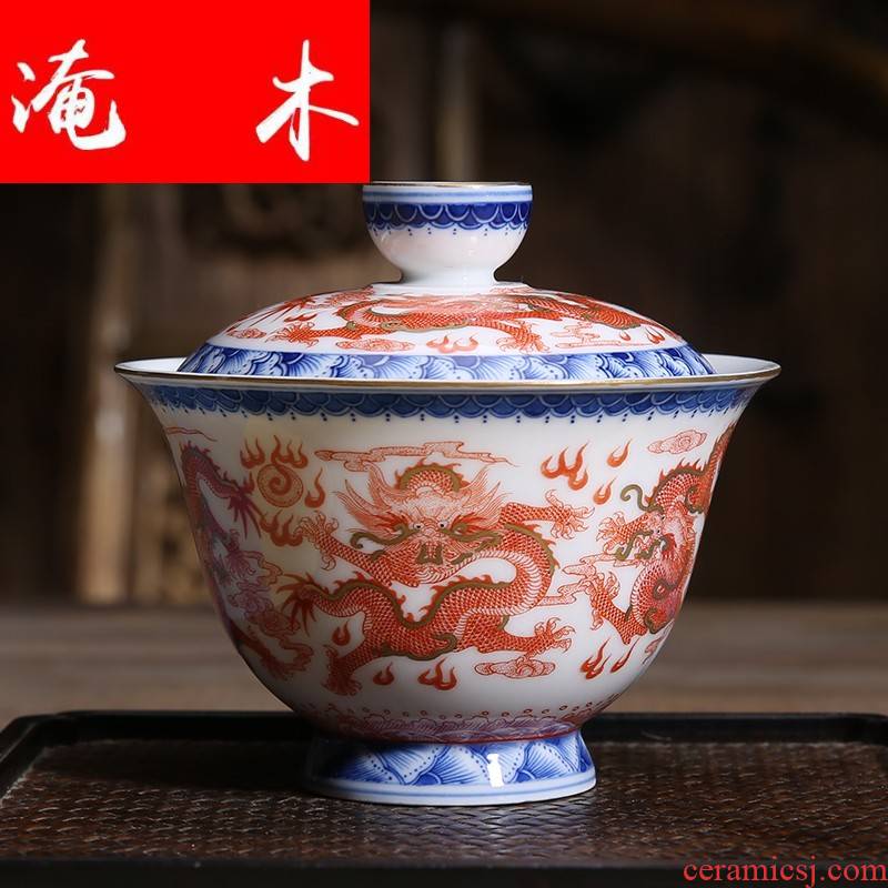 Flooded jingdezhen wood antique checking porcelain enamel tureen alum red paint dragon three hand tureen kung fu tea set