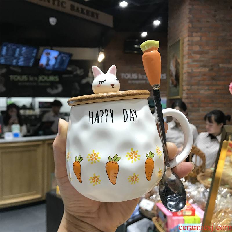 Super express rabbit mark cup with cover teaspoons of Japanese girls heart breakfast cup cup cartoon ceramic cup of office