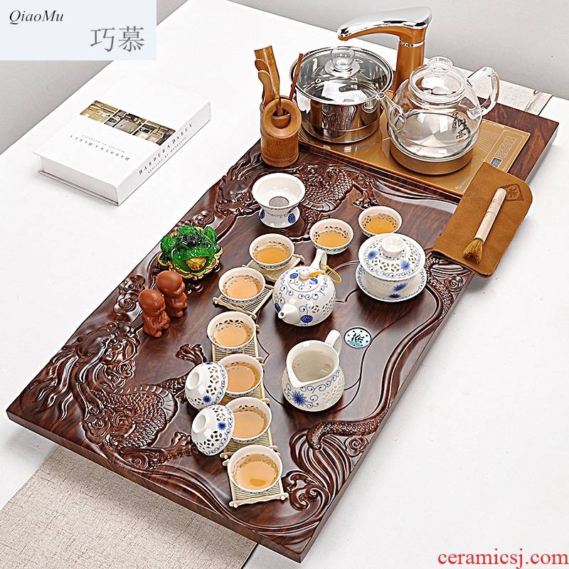 Qiao mu automatic tea set household contracted health pot of violet arenaceous glass kung fu tea set four solid wood tea tray
