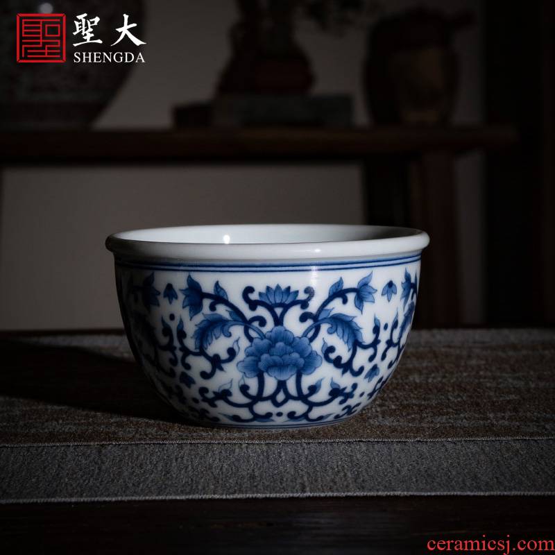 St the jingdezhen ceramic kung fu tea cup pure manual hand - made master cup blue and white lotus flower print cylinder cup sample tea cup