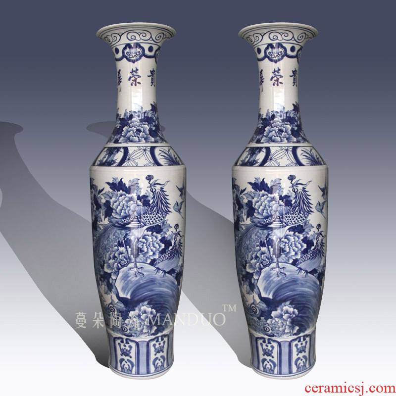 Jingdezhen blue and white high key-2 luxury of large vase hand - made of hand - made all blue and white flowers and birds hall display vase