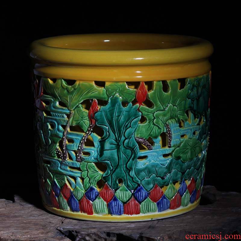 Jingdezhen classical hollow - out decorative porcelain brush pot hollow out double carve patterns or designs on woodwork colorful porcelain brush pot classical of primitive simplicity