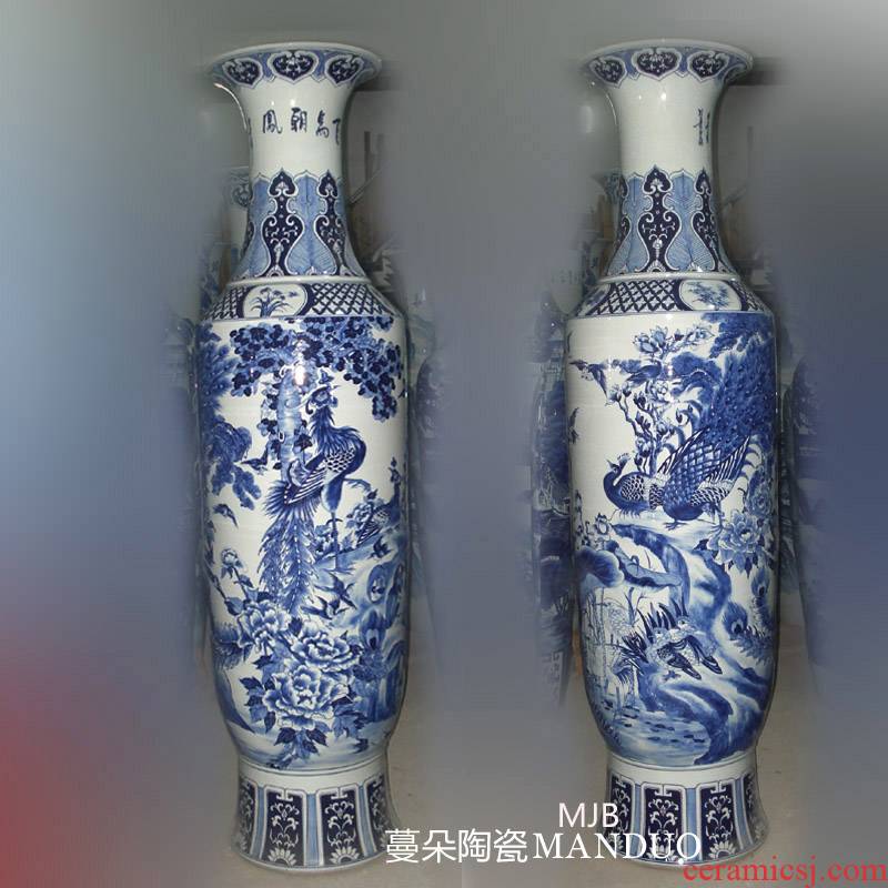 Jingdezhen blue and white peacock peony flower on 2.2 meters tall lively rich hand - made auspicious big vase opening bottles