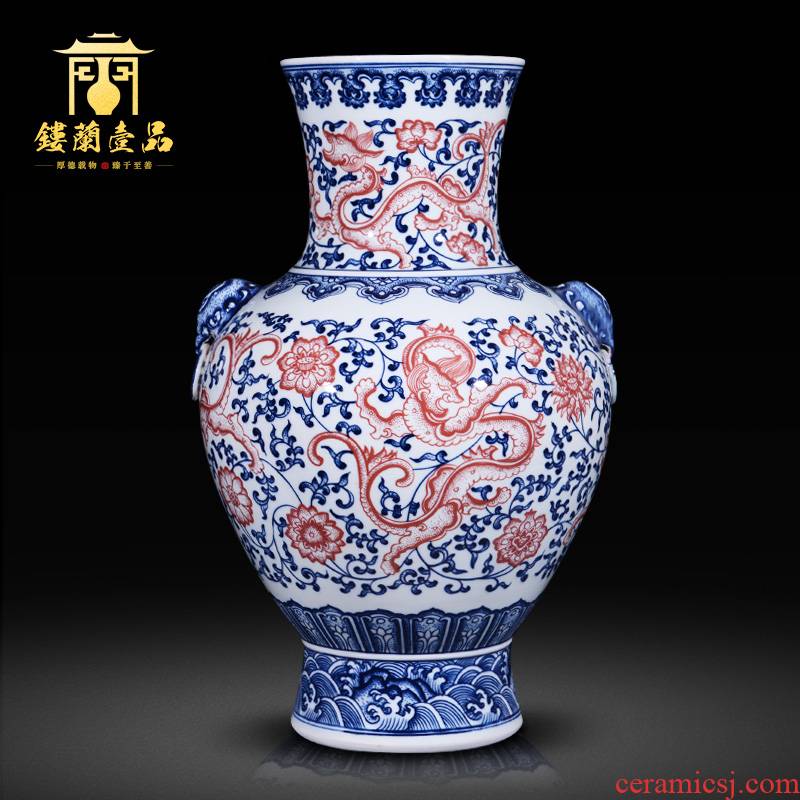 Jingdezhen blue and white dragon ceramics imitation the qing qianlong ears big vase Chinese style living room home furnishing articles