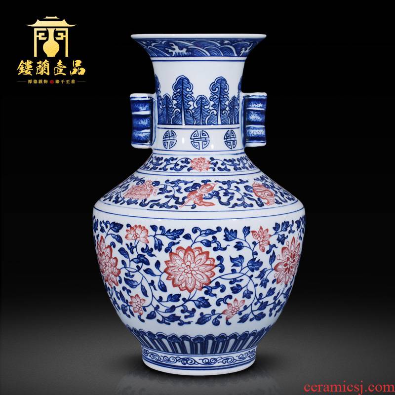 Jingdezhen ceramics imitation the qing qianlong blue tie up lotus flower ear vase Chinese style living room home furnishing articles