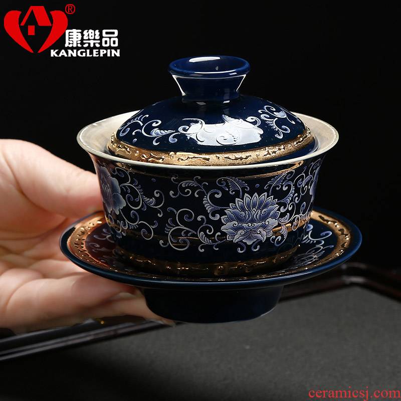 Recreational product silver tea set 999 thickening kung fu tureen coppering. As blue and white gold ceramic dielectric cup big bowl tea cups
