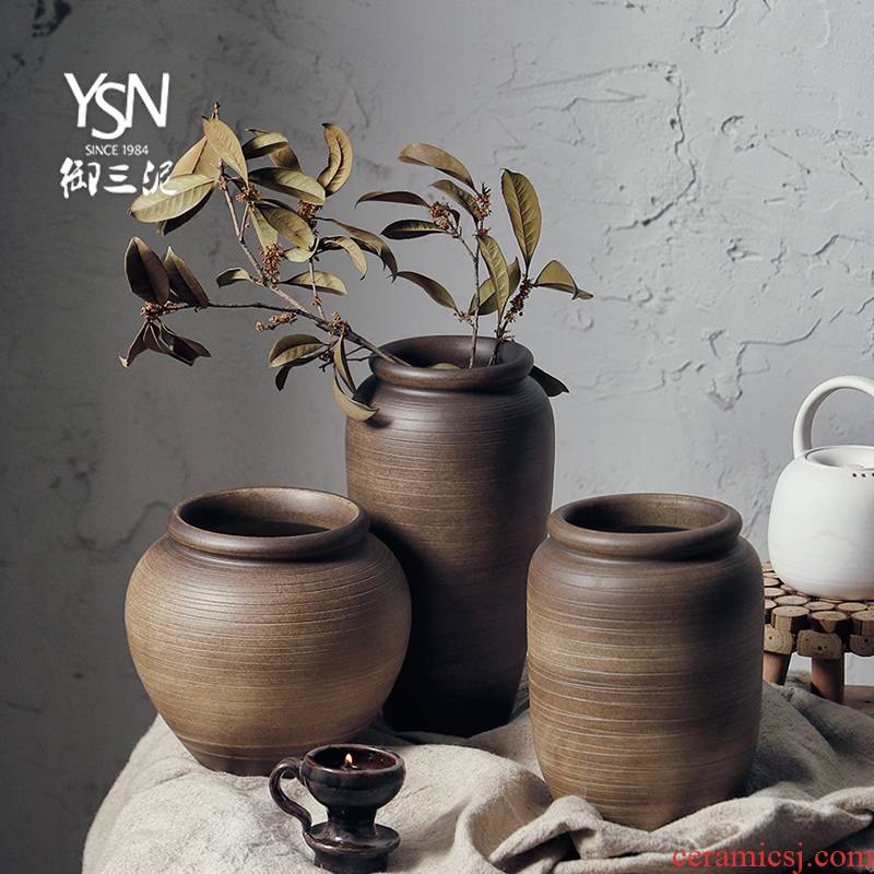 Royal three mud manual coarse pottery son flower pot in the flower vase of porcelain basin and marble pedestal zen flower arrangement sitting room adornment is placed