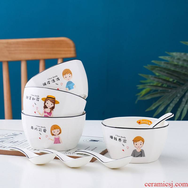 6 bowl spoon, ceramic rice bowl household creative move web celebrity cartoon card creative run rice.net dessert to use microwave oven