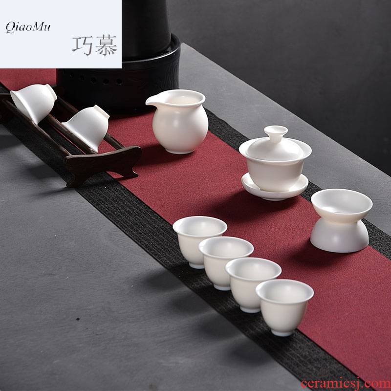 Qiao mu dehua built fine white porcelain kung fu tea set contracted household porcelain tureen tea cups unglazed high temperature