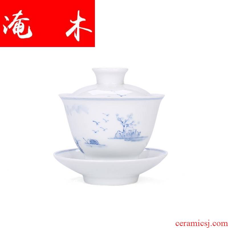 Submerged wood hand - made tureen ceramic only three bowl of white porcelain kung fu tea set under the glaze color landscape make tea tureen tea