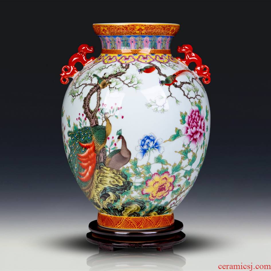 Jingdezhen ceramics vase imitation the qing qianlong ears colored enamel peacock furnishing articles to bottles of Chinese style household decoration