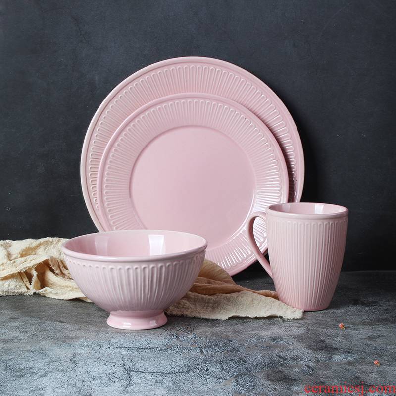 Nordic ceramic tableware, anaglyph 0 creative move all the soup bowl dishes suit pink steak dish plates