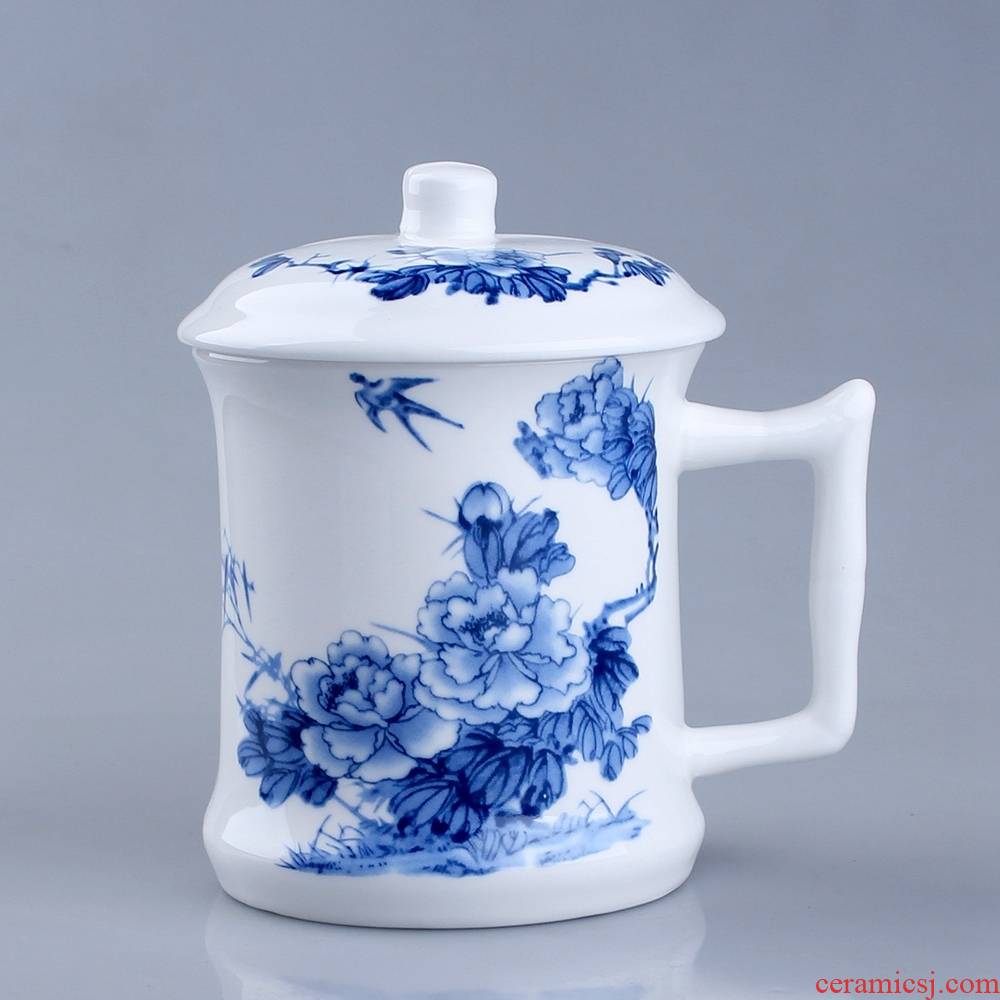 Qiao mu jingdezhen ceramic cups bamboo cups with cover version of the blue and white pastel landscape large glass cup