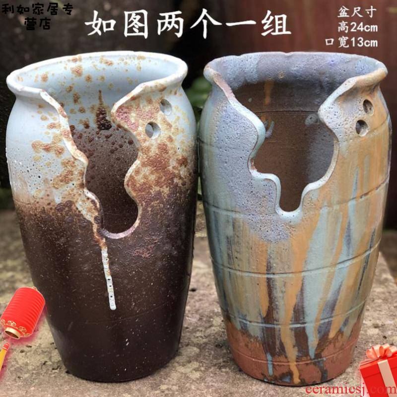 Fleshy cliff old high pot gap basin retro coarse pottery archaize high - end special - shaped violet company in red look good