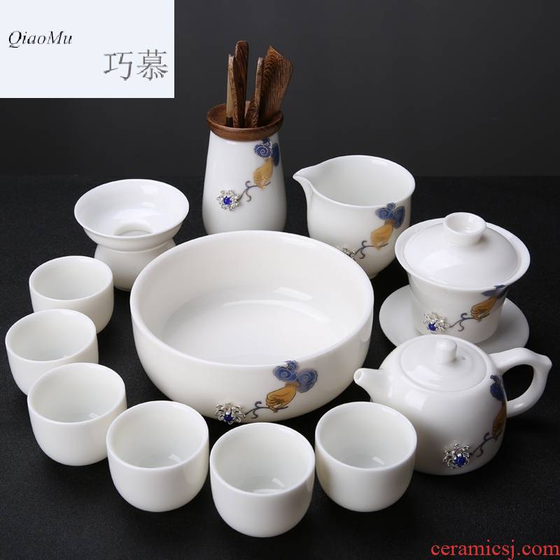 Qiao mu dehua white porcelain kung fu tea set with silver suet jade porcelain household tureen of a complete set of tea cups teapot