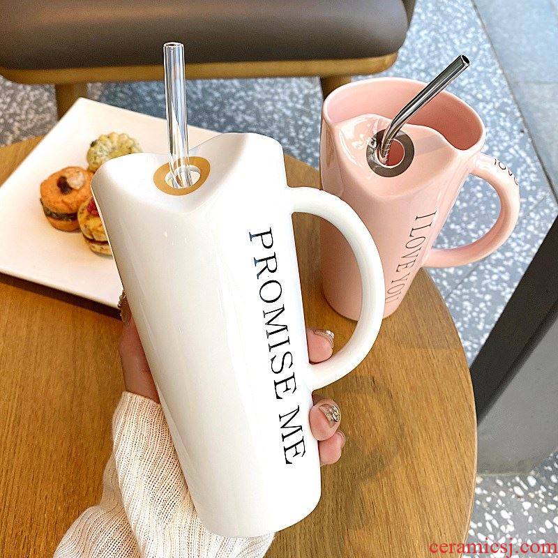 Adult Korean high - capacity ceramic cup with straw keller small pure and fresh and office men and women lovers with glass