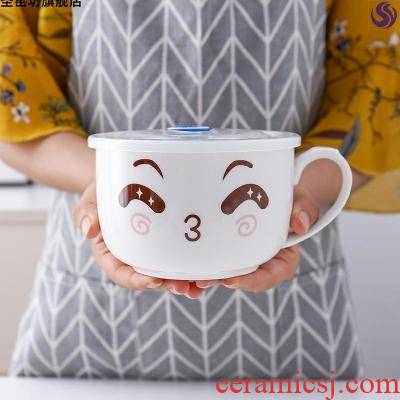 Japanese ceramics noodles express cartoon cup bowl with cover with large capacity single handle students in the dormitory to hold in.