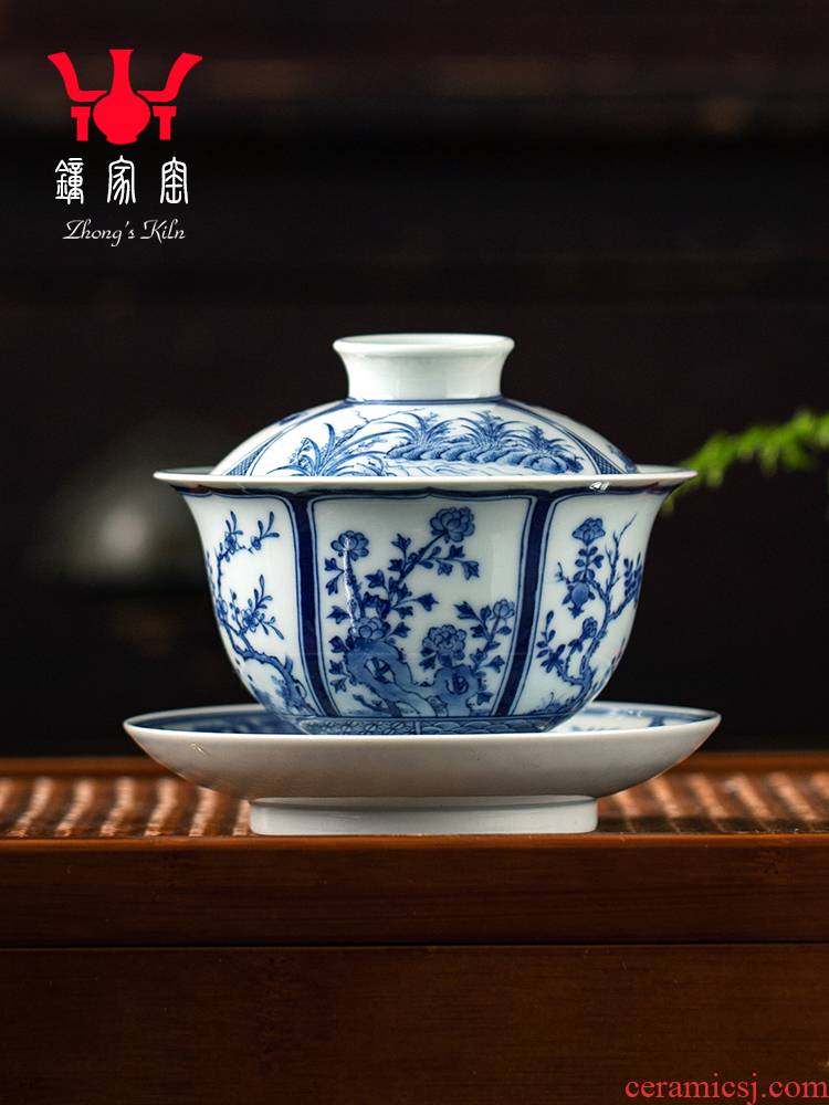 Clock home up jingdezhen blue and white maintain high - end tureen cup tea tureen to use classic hand - drawn twelve flora