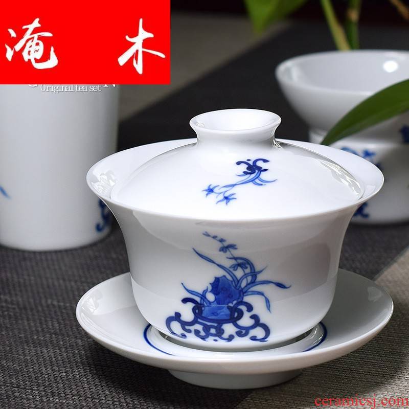 Flooded pure hand - made wooden jingdezhen tureen blue and white porcelain cups thin foetus by hand only three large kung fu tea tea cup