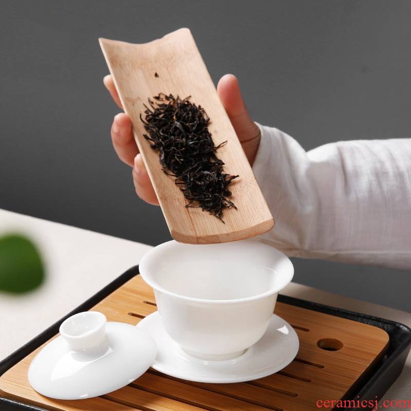 Qiao mu dehua white porcelain tureen kung fu tea cup only three bowls of household hand grasp the make tea pot of jade porcelain ceramic trumpet