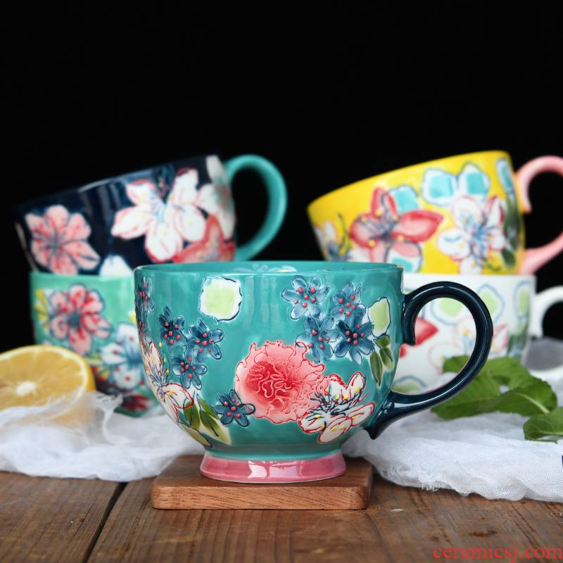 Export creative hand - made anaglyph ceramic cup with a large capacity of milk cup breakfast cup oats cup sweetmeats cup home