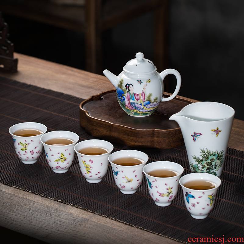 Owl up jingdezhen ceramics by hand hand - made kung fu tea set colored enamel handmaiden figures make tea with the teapot