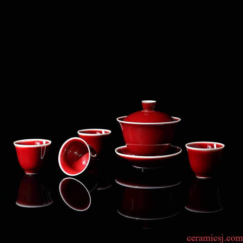 Jingdezhen lang up red tea set suit home sitting room ceramic kung fu tea tureen small suit ice cracked cup