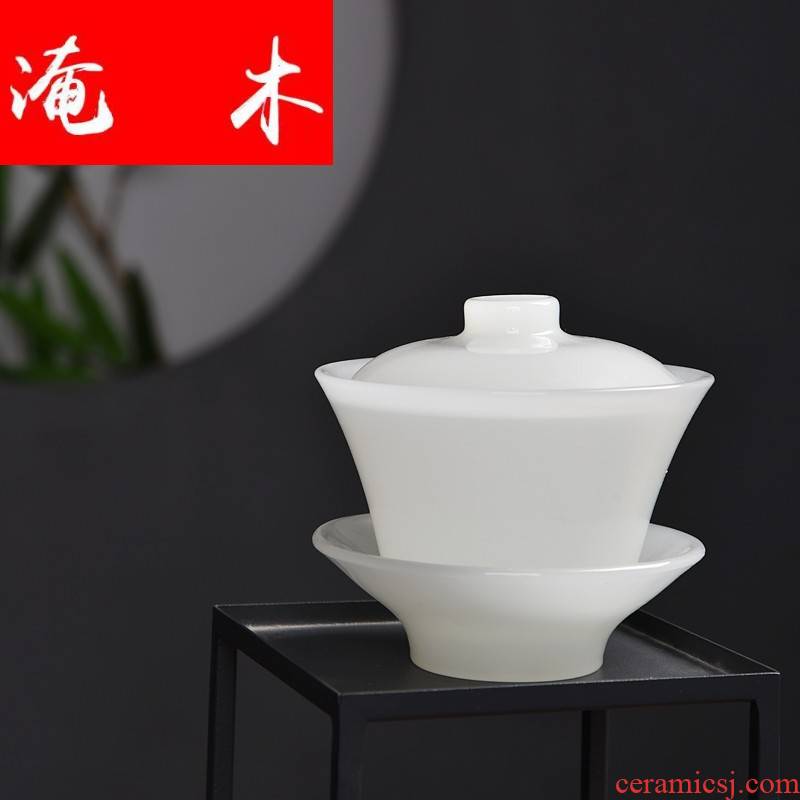 Flooded wooden household tureen with pure white jade jade porcelain kung fu tea set Chinese ceramic tea tea three tureen