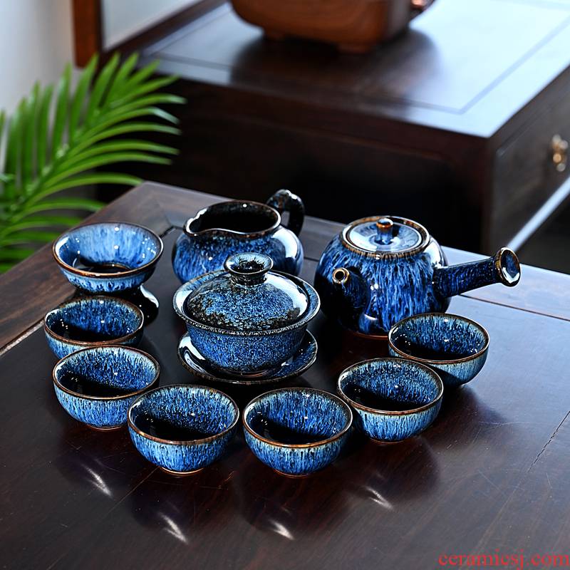 Hui shi blue drawing to build light tea set ceramic household receives a visitor teapot kung fu tea tea cup of tea