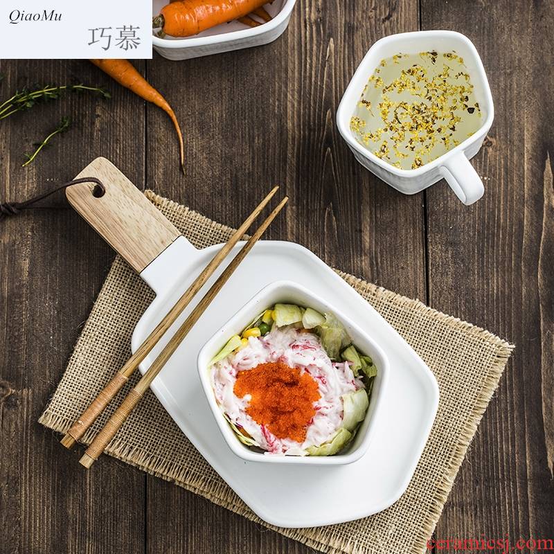 Qiam qiao mu Nordic geometric western - style food tray handle plate creative ceramic plate rice bowls home dishes set of move