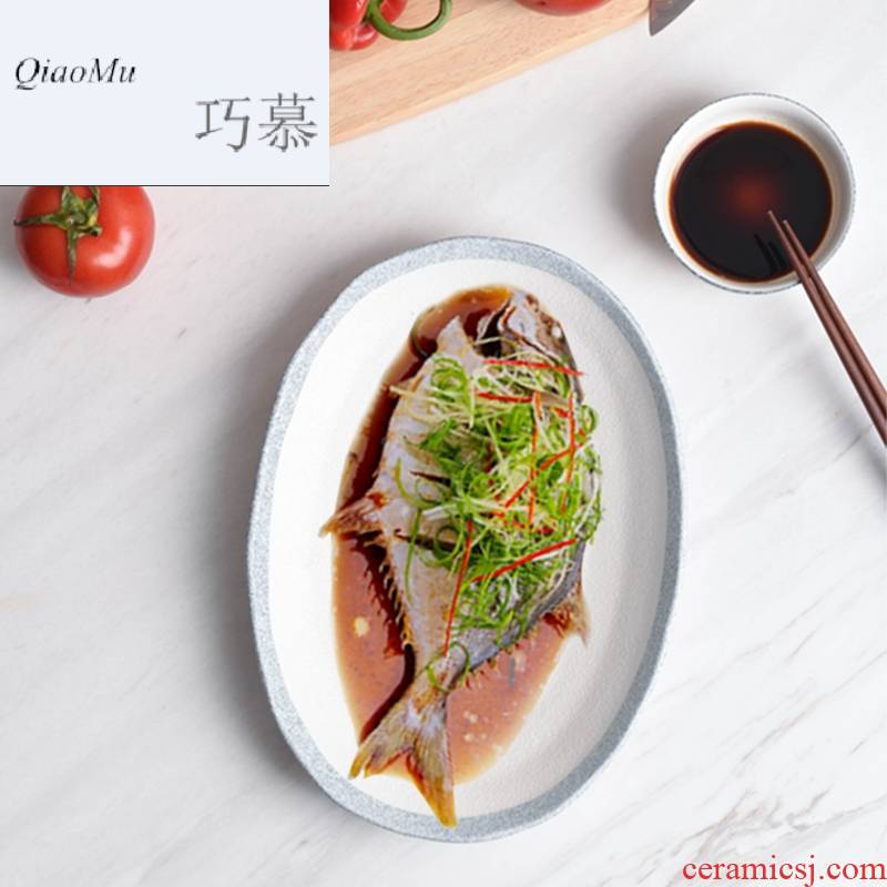Qiao mu Japanese fish dish household oval creative move large microwave barbecue ceramic tableware fish dish