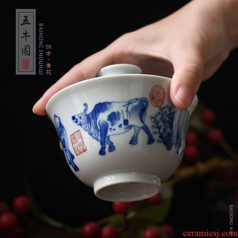 Hundred hong antique hand - made only five NiuTu three tureen of blue and white porcelain teacup jingdezhen manual master cup sample tea cup