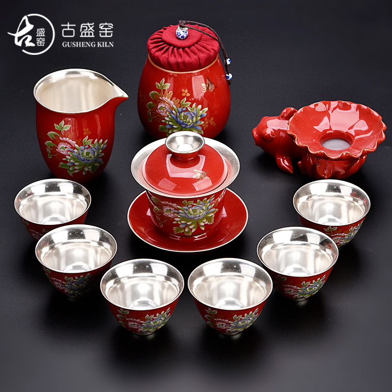The ancient sheng up coppering. As silver set of ceramic tea set tea peony kung fu suit of blue and white porcelain gifts cups gift boxes