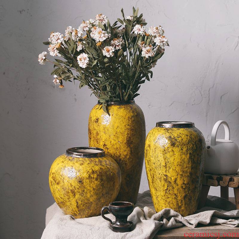 Royal three clay ceramic vase mesa amber yellow desktop furnishing articles sitting room of rural wind decorative dried flowers, flower implement arranging flowers