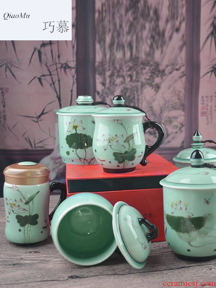 Qiao mu ZHQ jingdezhen hand - made ceramic cup with cover cup home office mark cup gift set celadon