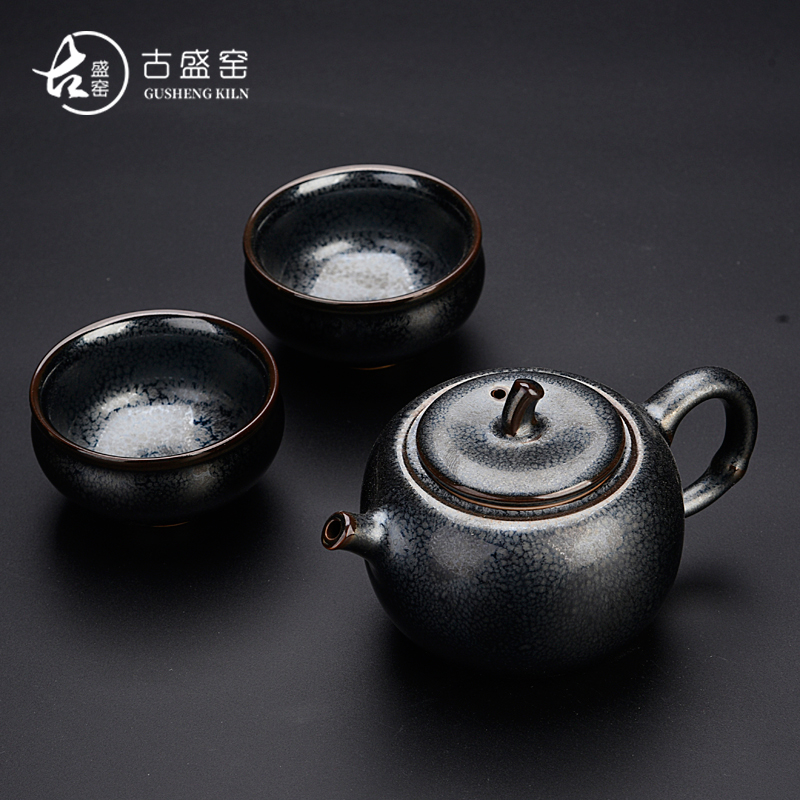 Ancient sheng up Chen Weichun dragon temmoku up built light ceramic craft a pot of two cups of kung fu tea set gift collection