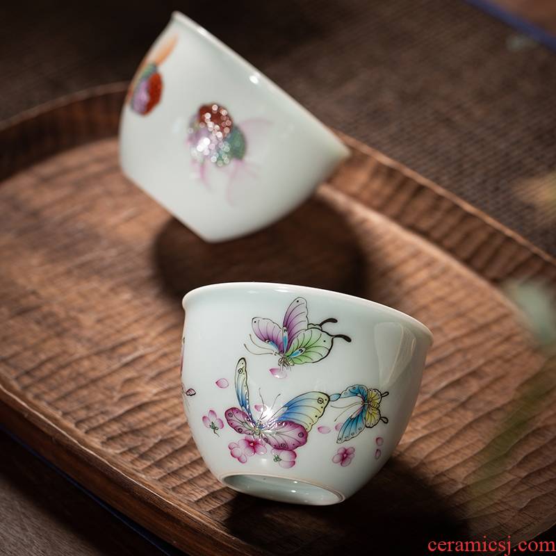 The Owl up with jingdezhen ceramic tea set of pure manual personal master cup kung fu tea colored enamel hand - made butterfly goldfish